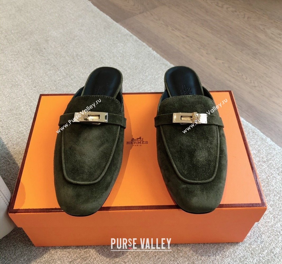 Hermes Oz Flat Mules in Suede Dark Green 2024 0815 (XC-240815043)