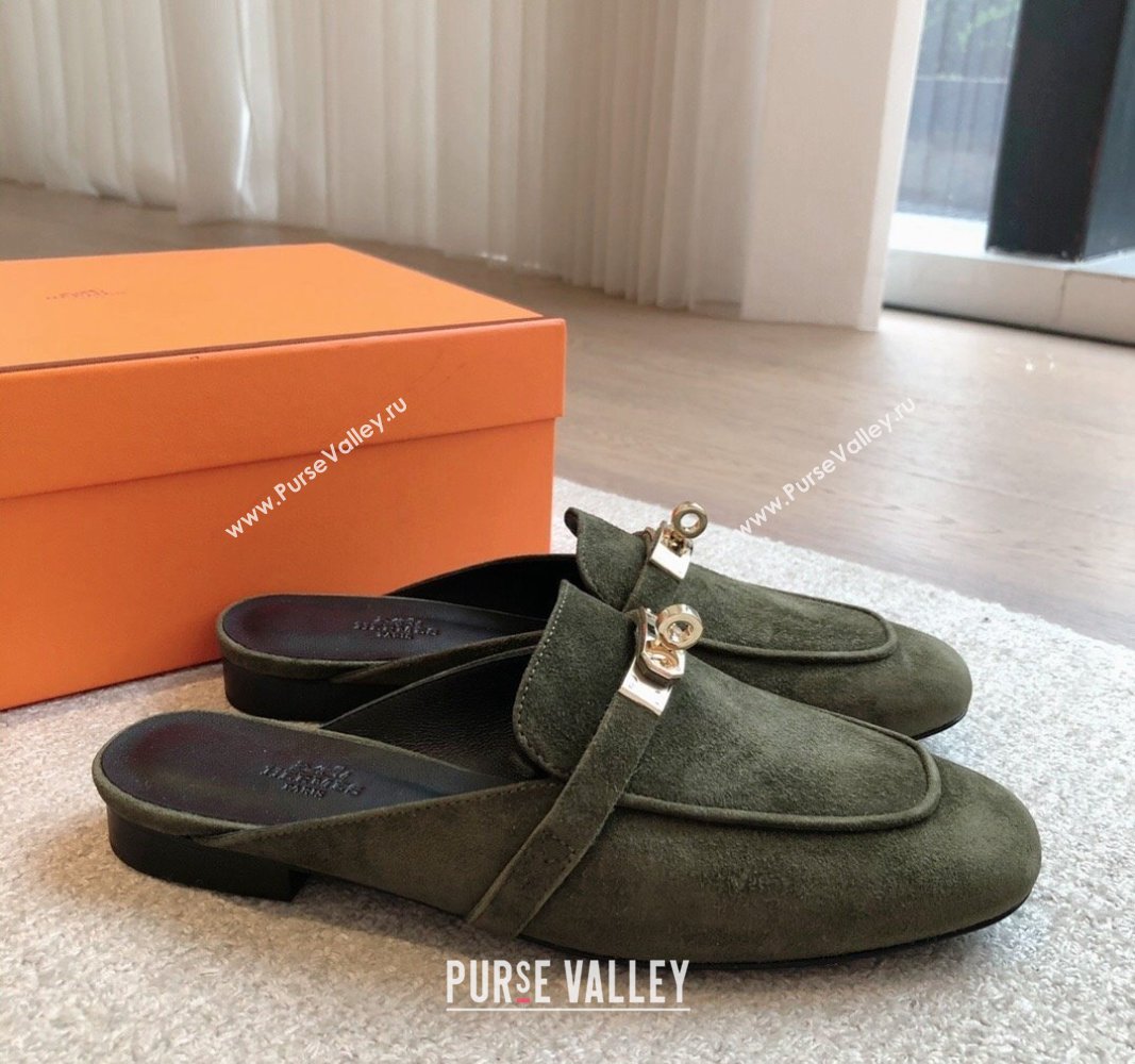 Hermes Oz Flat Mules in Suede Dark Green 2024 0815 (XC-240815043)