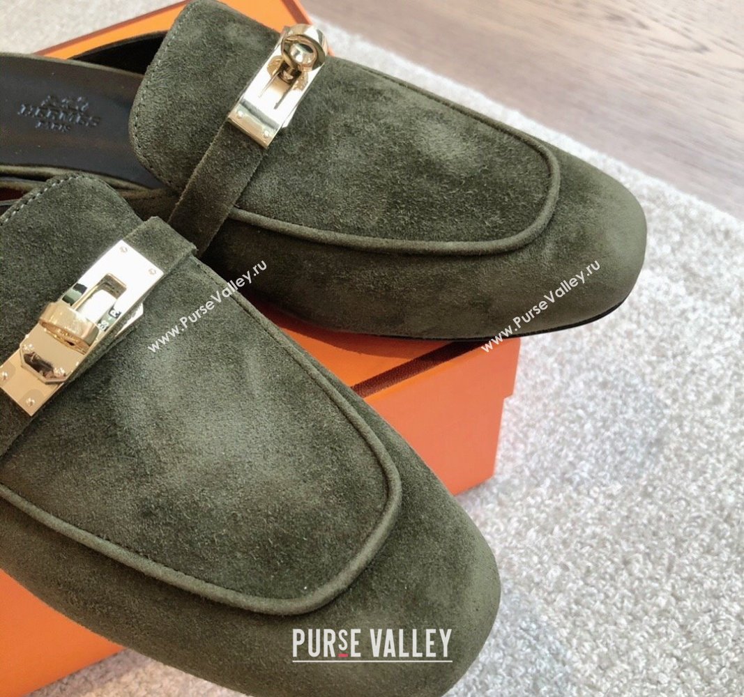 Hermes Oz Flat Mules in Suede Dark Green 2024 0815 (XC-240815043)