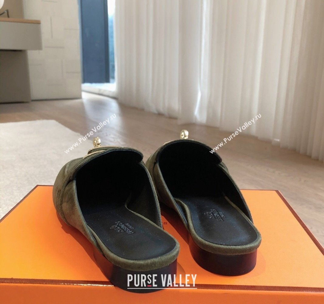 Hermes Oz Flat Mules in Suede Dark Green 2024 0815 (XC-240815043)