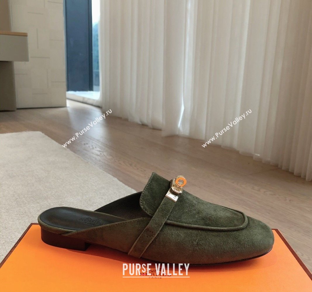 Hermes Oz Flat Mules in Suede Dark Green 2024 0815 (XC-240815043)