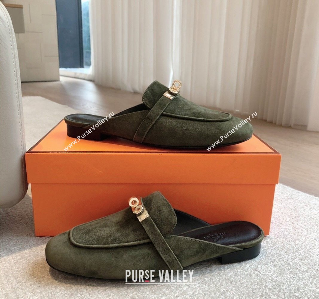 Hermes Oz Flat Mules in Suede Dark Green 2024 0815 (XC-240815043)