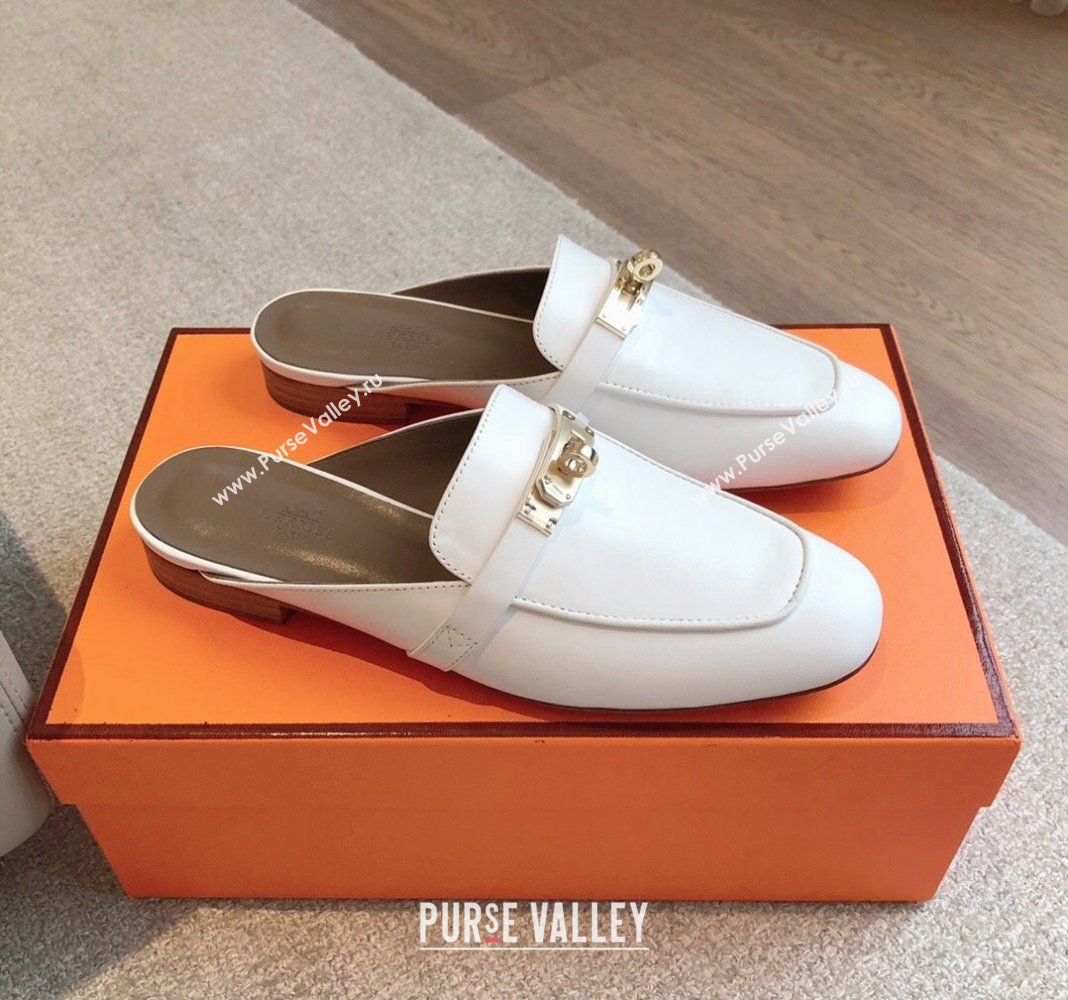 Hermes Oz Flat Mules in Calfskin Leather White 2 2024 0815 (XC-240815044)