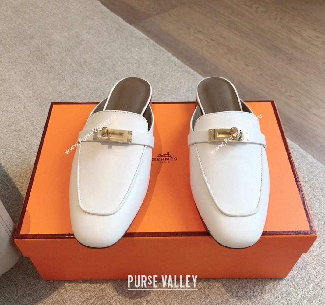 Hermes Oz Flat Mules in Calfskin Leather White 2 2024 0815 (XC-240815044)