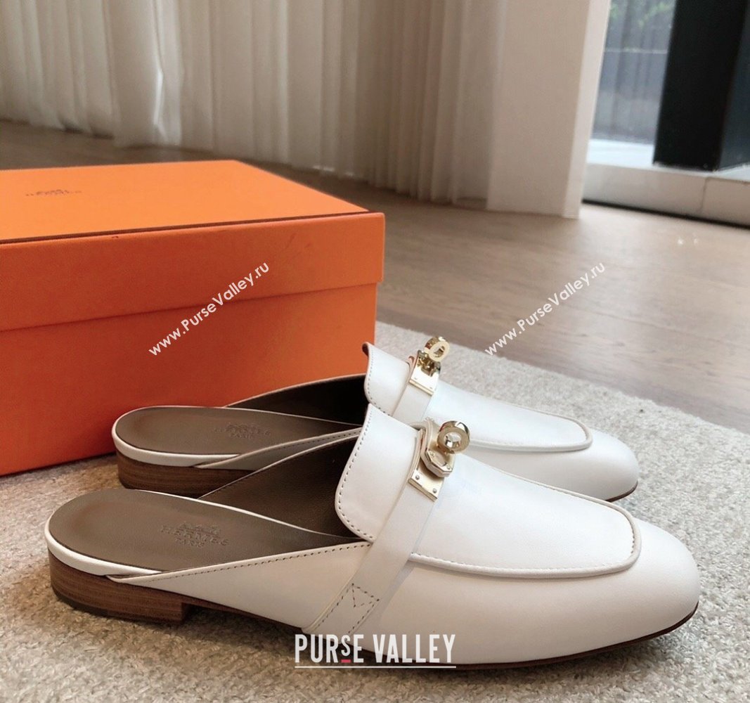 Hermes Oz Flat Mules in Calfskin Leather White 2 2024 0815 (XC-240815044)