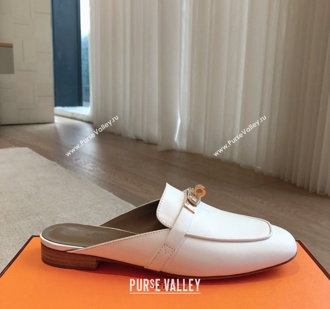 Hermes Oz Flat Mules in Calfskin Leather White 2 2024 0815 (XC-240815044)