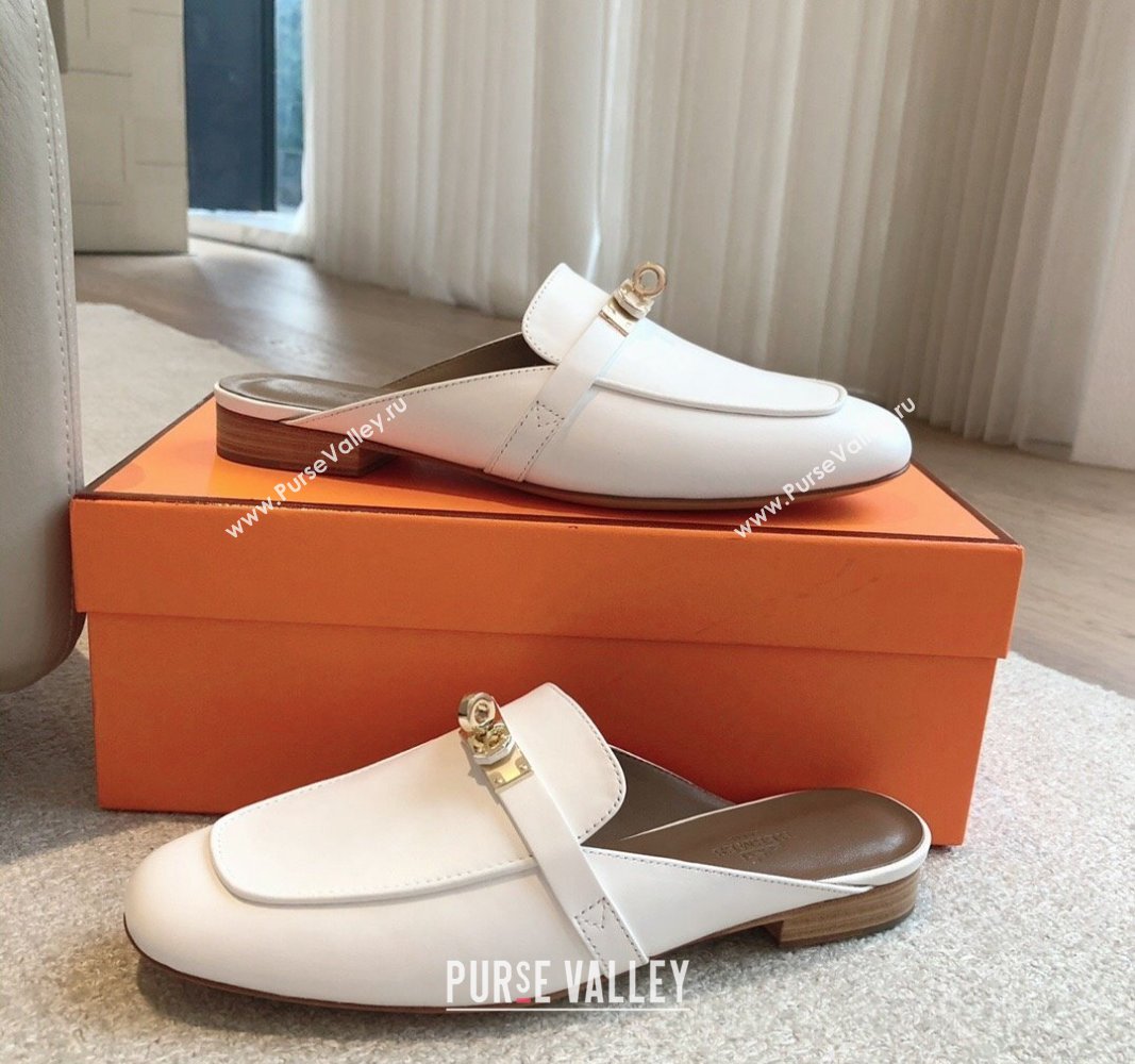 Hermes Oz Flat Mules in Calfskin Leather White 2 2024 0815 (XC-240815044)