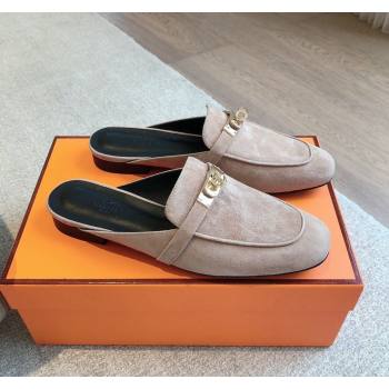 Hermes Oz Flat Mules in Suede Grey 2024 0815 (XC-240815046)