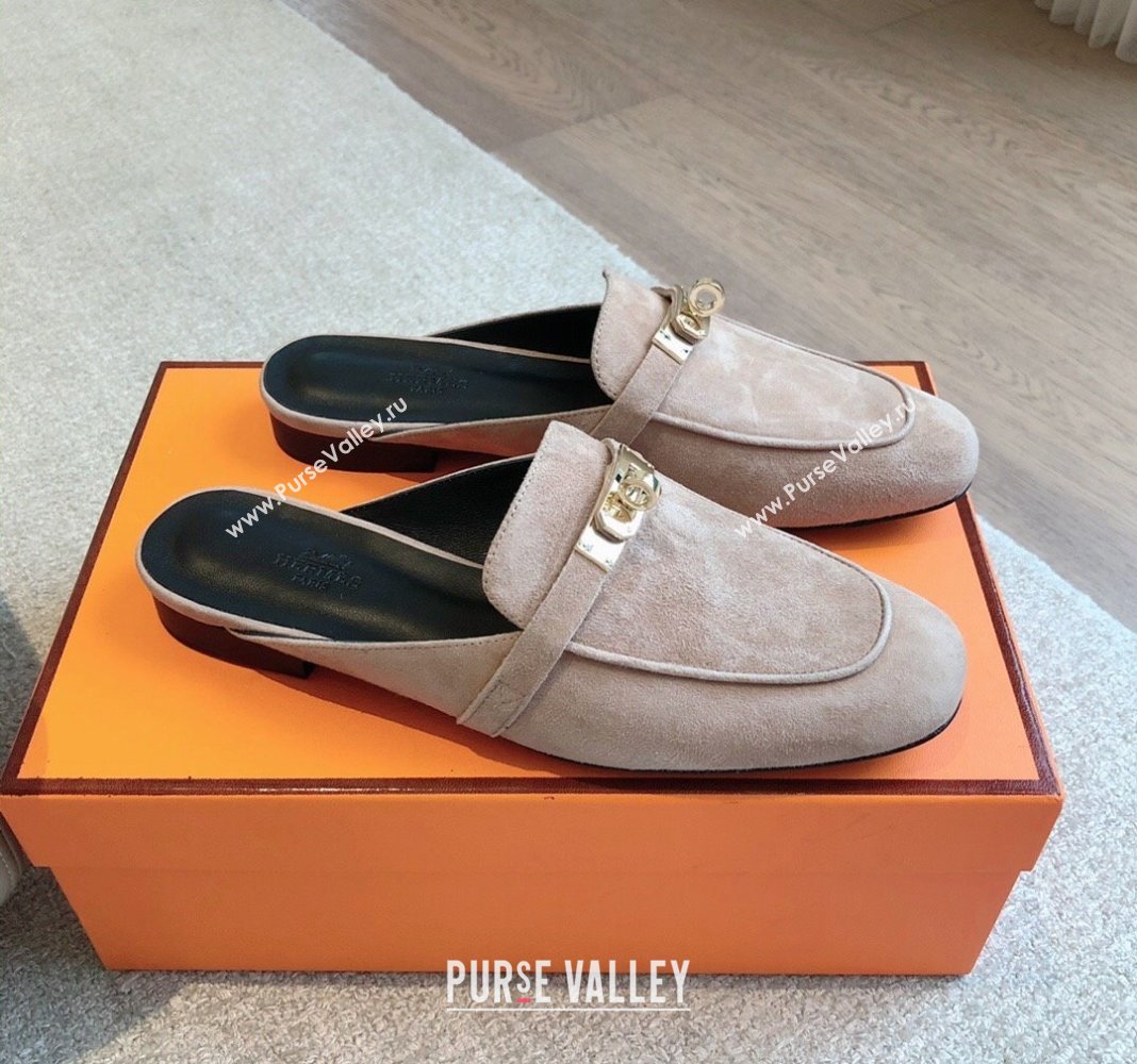 Hermes Oz Flat Mules in Suede Grey 2024 0815 (XC-240815046)