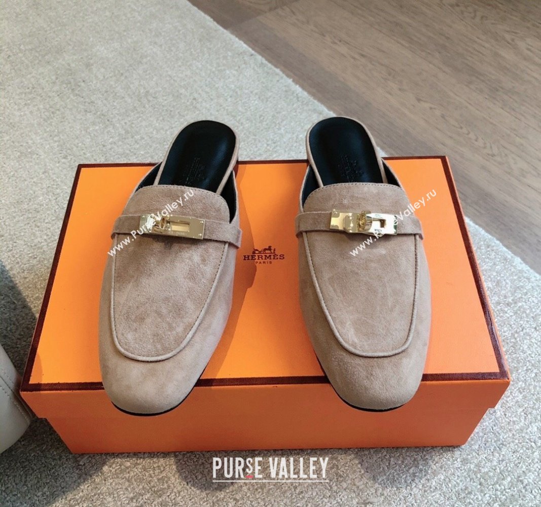 Hermes Oz Flat Mules in Suede Grey 2024 0815 (XC-240815046)