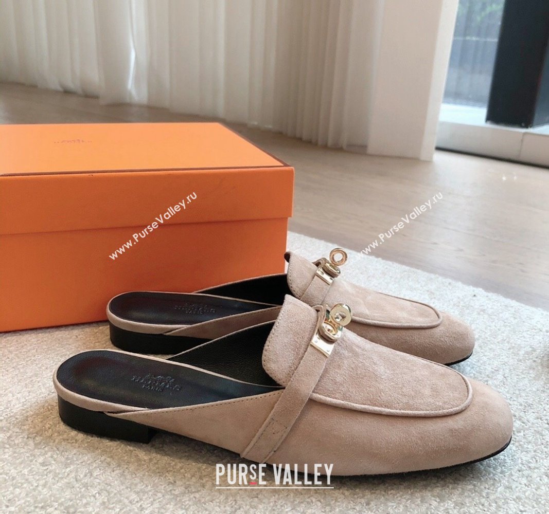 Hermes Oz Flat Mules in Suede Grey 2024 0815 (XC-240815046)