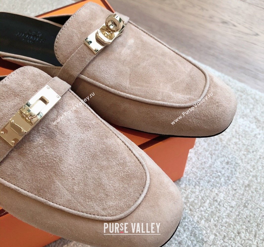 Hermes Oz Flat Mules in Suede Grey 2024 0815 (XC-240815046)