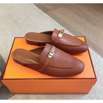 Hermes Oz Flat Mules in Calfskin Leather Brown/Gold 2024 0815 (XC-240815047)