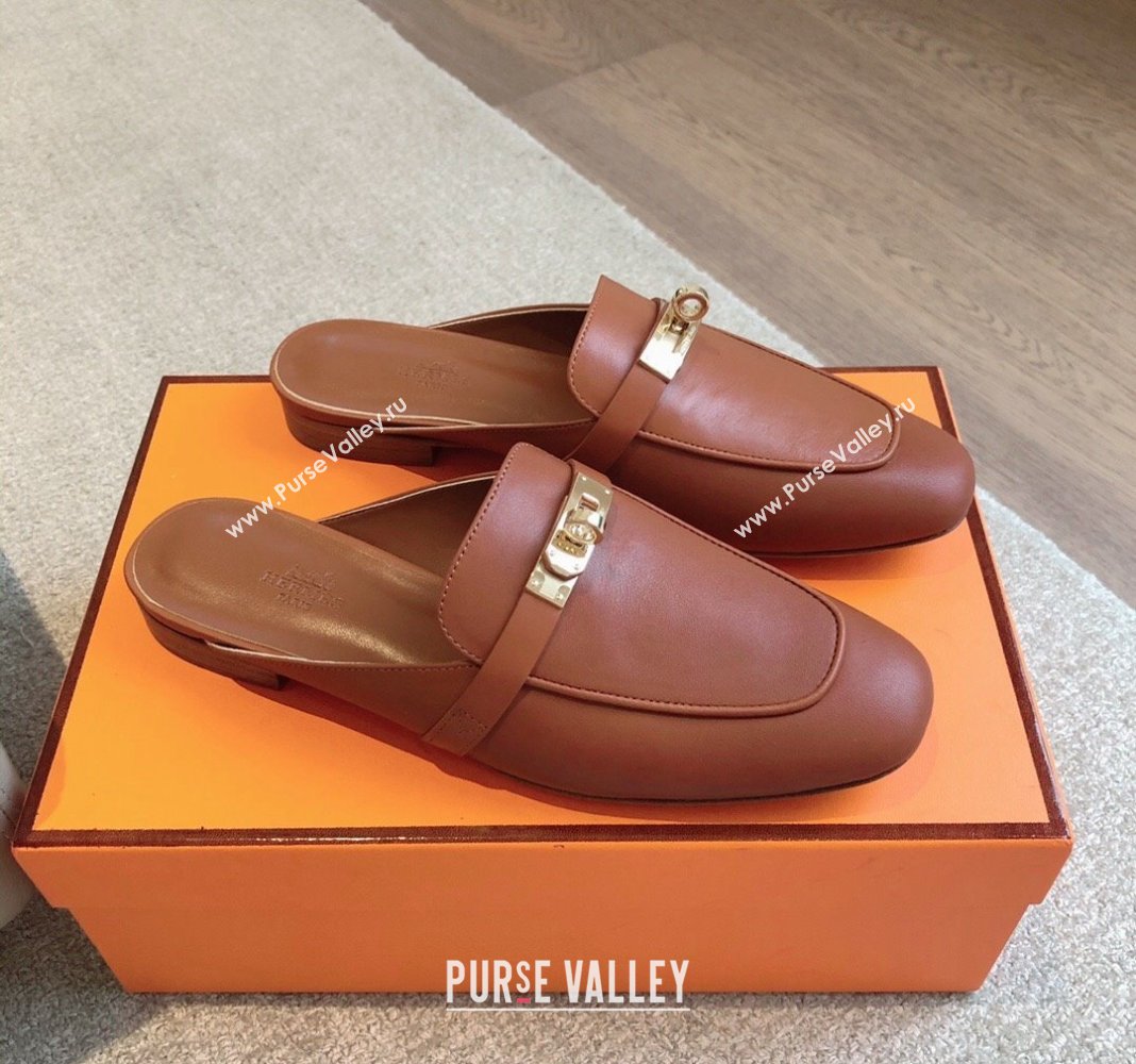 Hermes Oz Flat Mules in Calfskin Leather Brown/Gold 2024 0815 (XC-240815047)