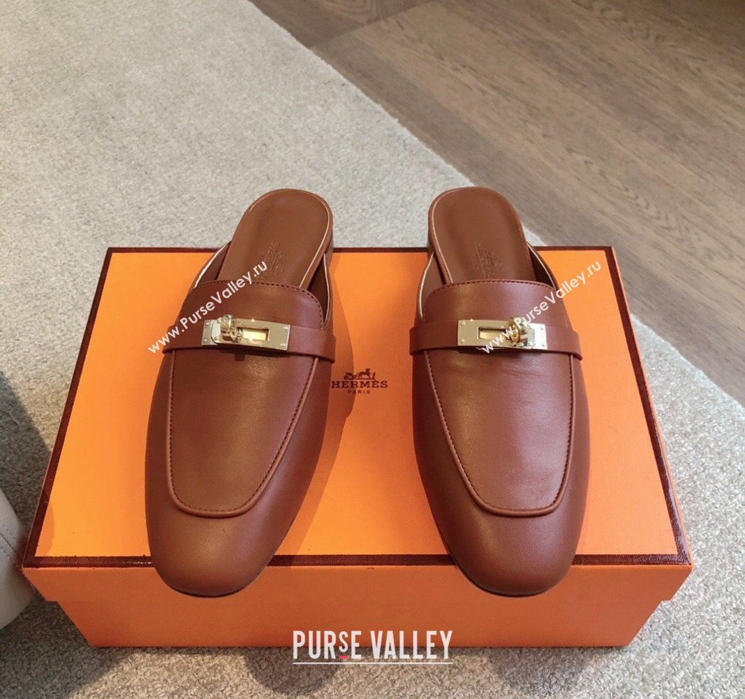 Hermes Oz Flat Mules in Calfskin Leather Brown/Gold 2024 0815 (XC-240815047)