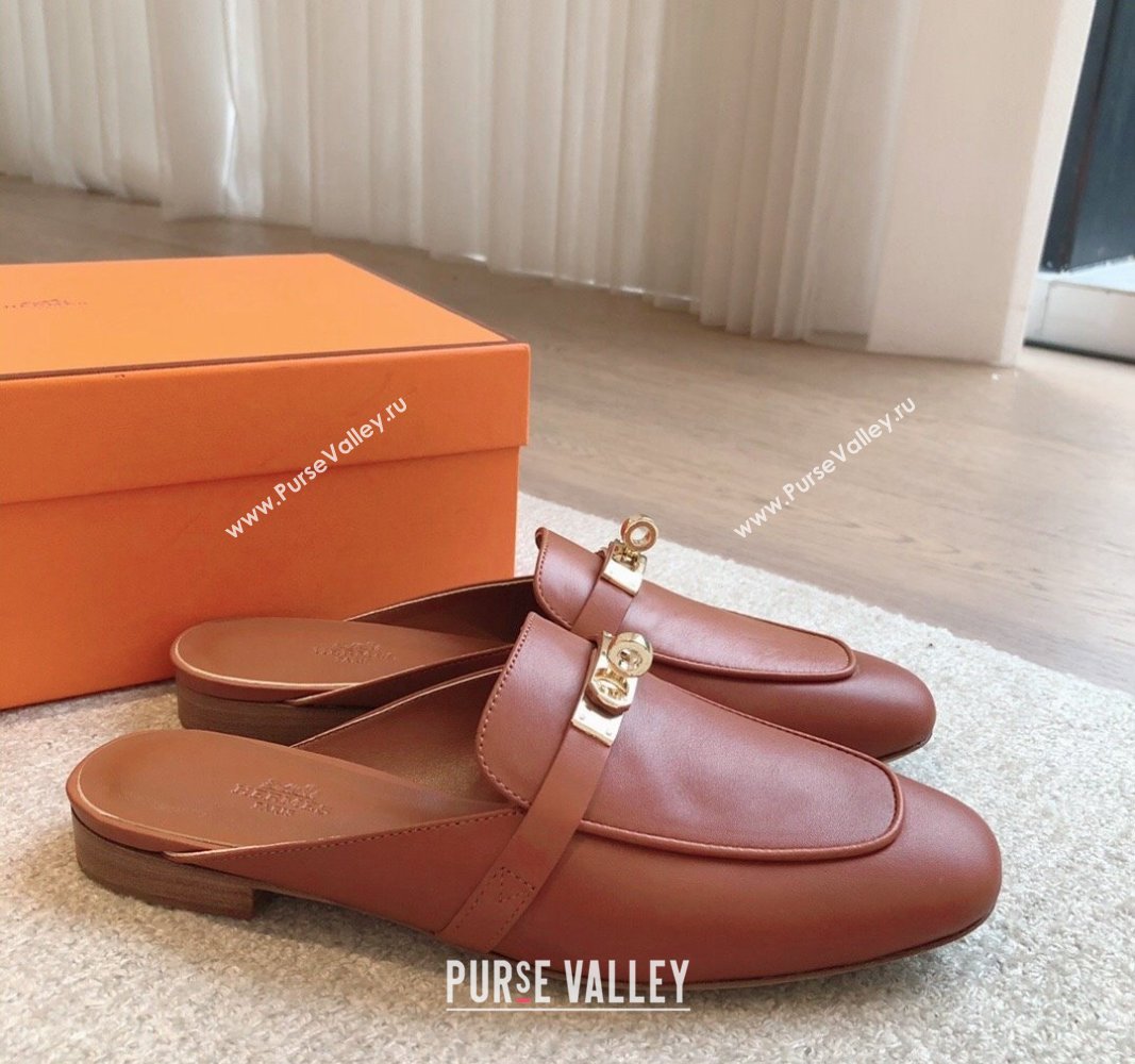 Hermes Oz Flat Mules in Calfskin Leather Brown/Gold 2024 0815 (XC-240815047)