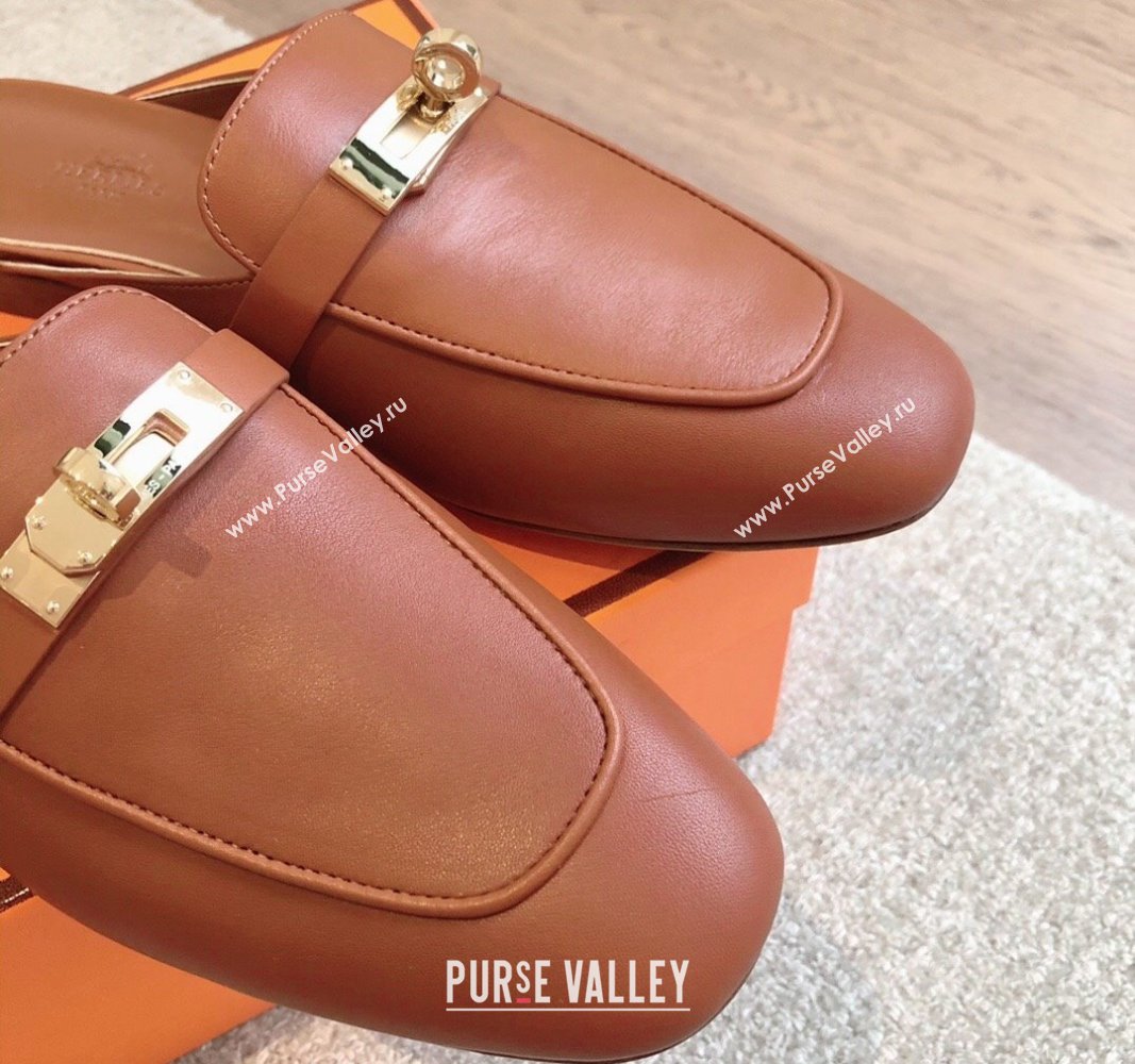 Hermes Oz Flat Mules in Calfskin Leather Brown/Gold 2024 0815 (XC-240815047)