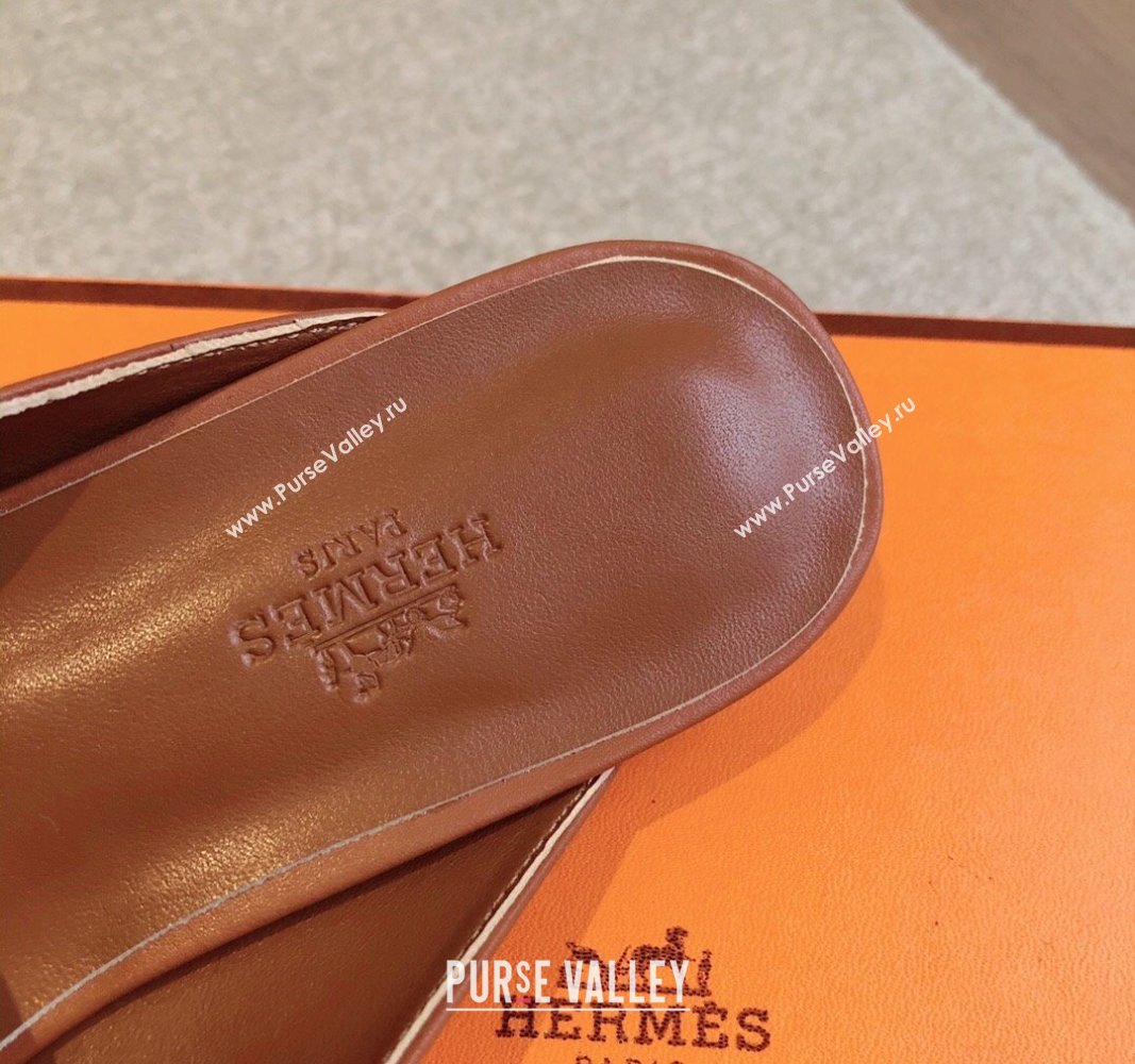 Hermes Oz Flat Mules in Calfskin Leather Brown/Gold 2024 0815 (XC-240815047)