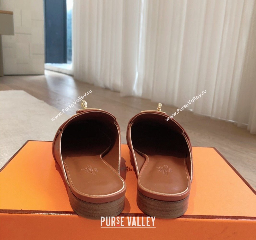 Hermes Oz Flat Mules in Calfskin Leather Brown/Gold 2024 0815 (XC-240815047)