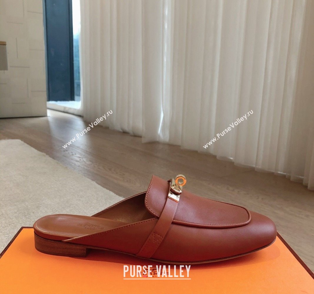 Hermes Oz Flat Mules in Calfskin Leather Brown/Gold 2024 0815 (XC-240815047)