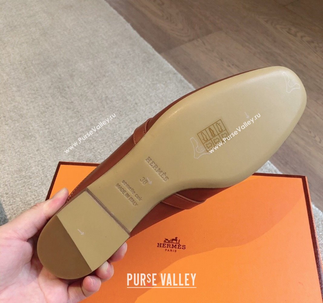 Hermes Oz Flat Mules in Calfskin Leather Brown/Gold 2024 0815 (XC-240815047)