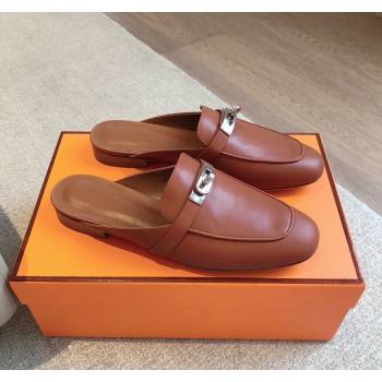 Hermes Oz Flat Mules in Calfskin Leather Brown/Silver 2024 0815 (XC-240815048)