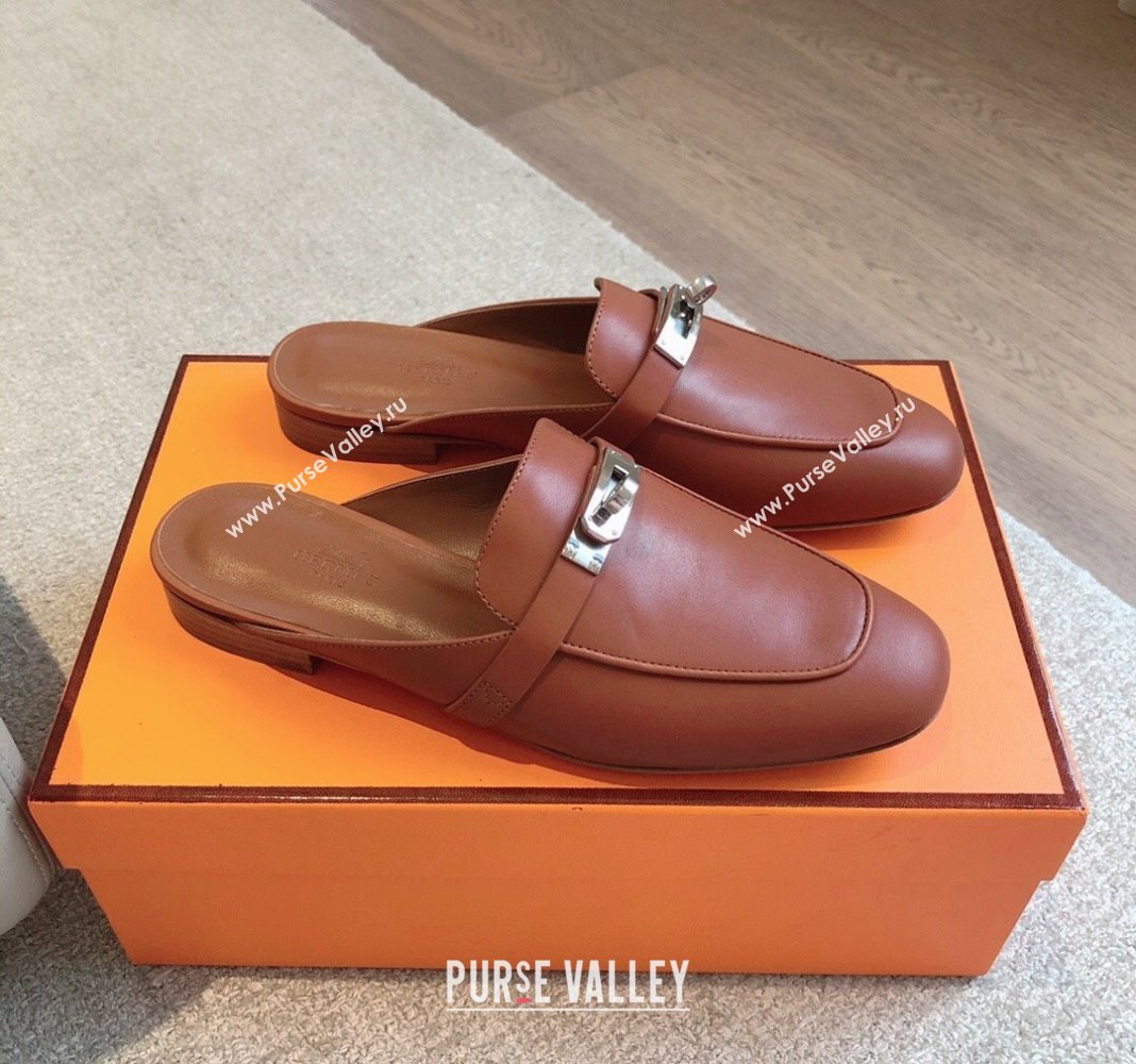 Hermes Oz Flat Mules in Calfskin Leather Brown/Silver 2024 0815 (XC-240815048)