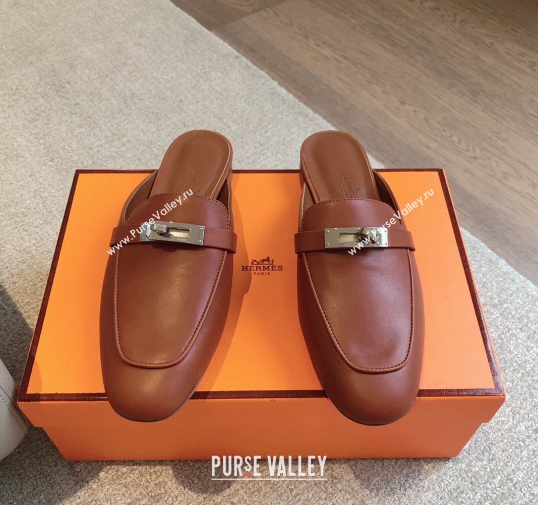 Hermes Oz Flat Mules in Calfskin Leather Brown/Silver 2024 0815 (XC-240815048)