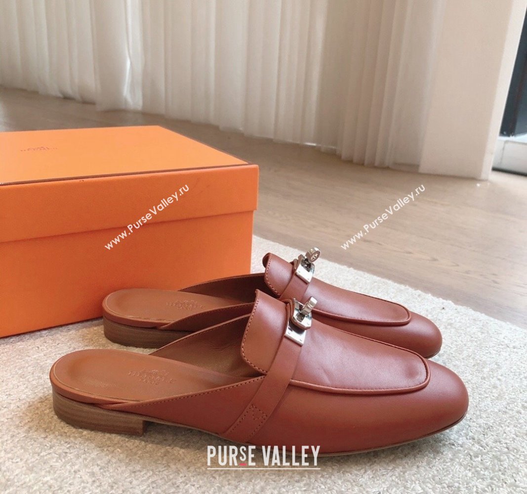 Hermes Oz Flat Mules in Calfskin Leather Brown/Silver 2024 0815 (XC-240815048)