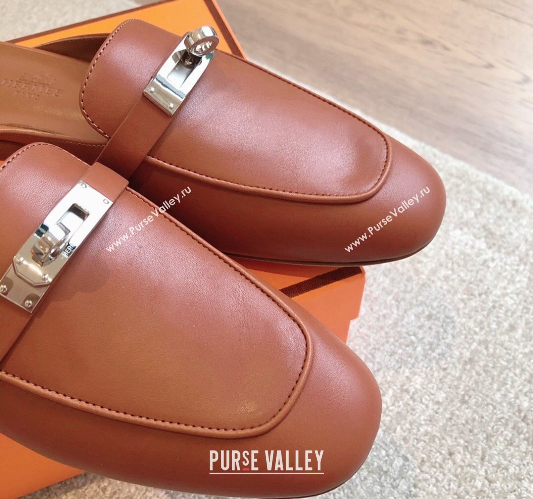 Hermes Oz Flat Mules in Calfskin Leather Brown/Silver 2024 0815 (XC-240815048)