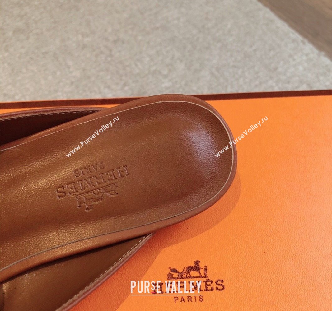 Hermes Oz Flat Mules in Calfskin Leather Brown/Silver 2024 0815 (XC-240815048)
