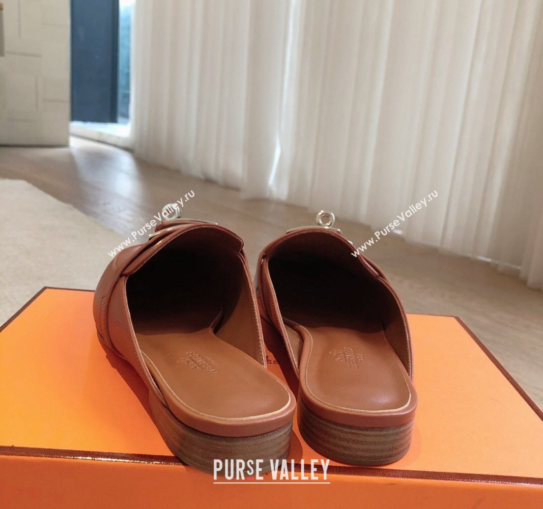 Hermes Oz Flat Mules in Calfskin Leather Brown/Silver 2024 0815 (XC-240815048)