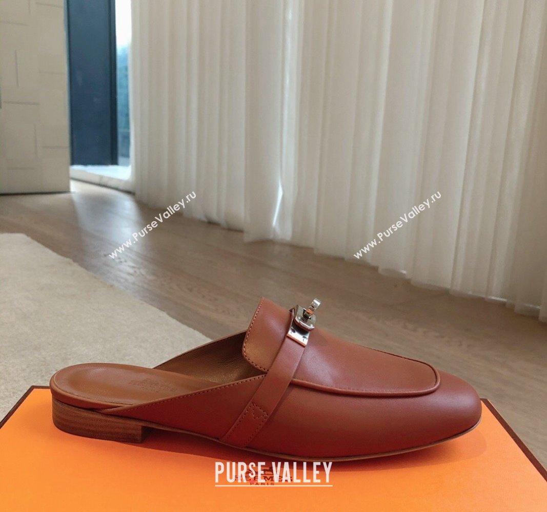 Hermes Oz Flat Mules in Calfskin Leather Brown/Silver 2024 0815 (XC-240815048)