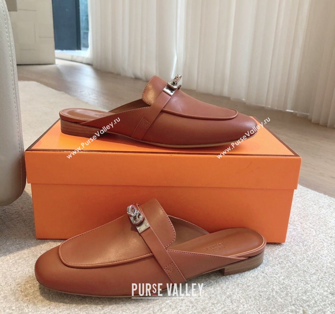 Hermes Oz Flat Mules in Calfskin Leather Brown/Silver 2024 0815 (XC-240815048)