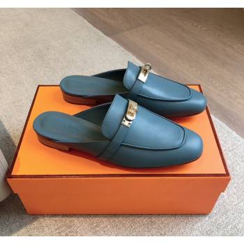 Hermes Oz Flat Mules in Calfskin Leather Dark Blue 2024 0815 (XC-240815050)