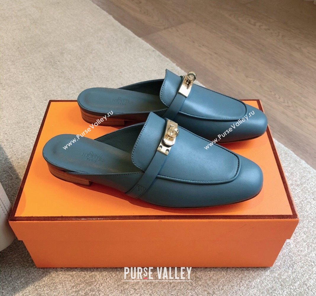 Hermes Oz Flat Mules in Calfskin Leather Dark Blue 2024 0815 (XC-240815050)