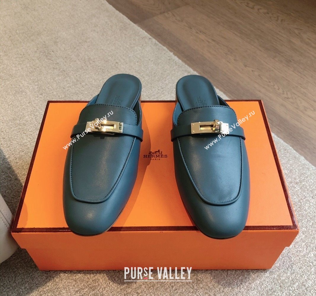 Hermes Oz Flat Mules in Calfskin Leather Dark Blue 2024 0815 (XC-240815050)