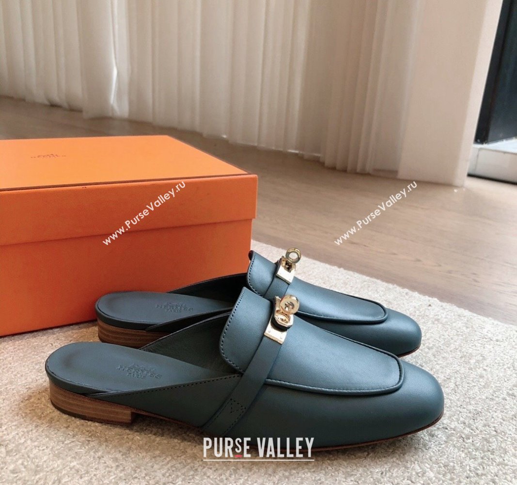 Hermes Oz Flat Mules in Calfskin Leather Dark Blue 2024 0815 (XC-240815050)