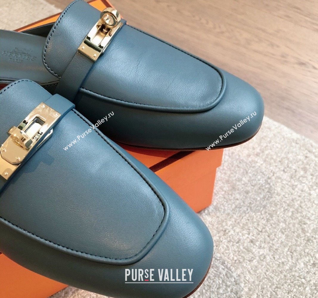 Hermes Oz Flat Mules in Calfskin Leather Dark Blue 2024 0815 (XC-240815050)