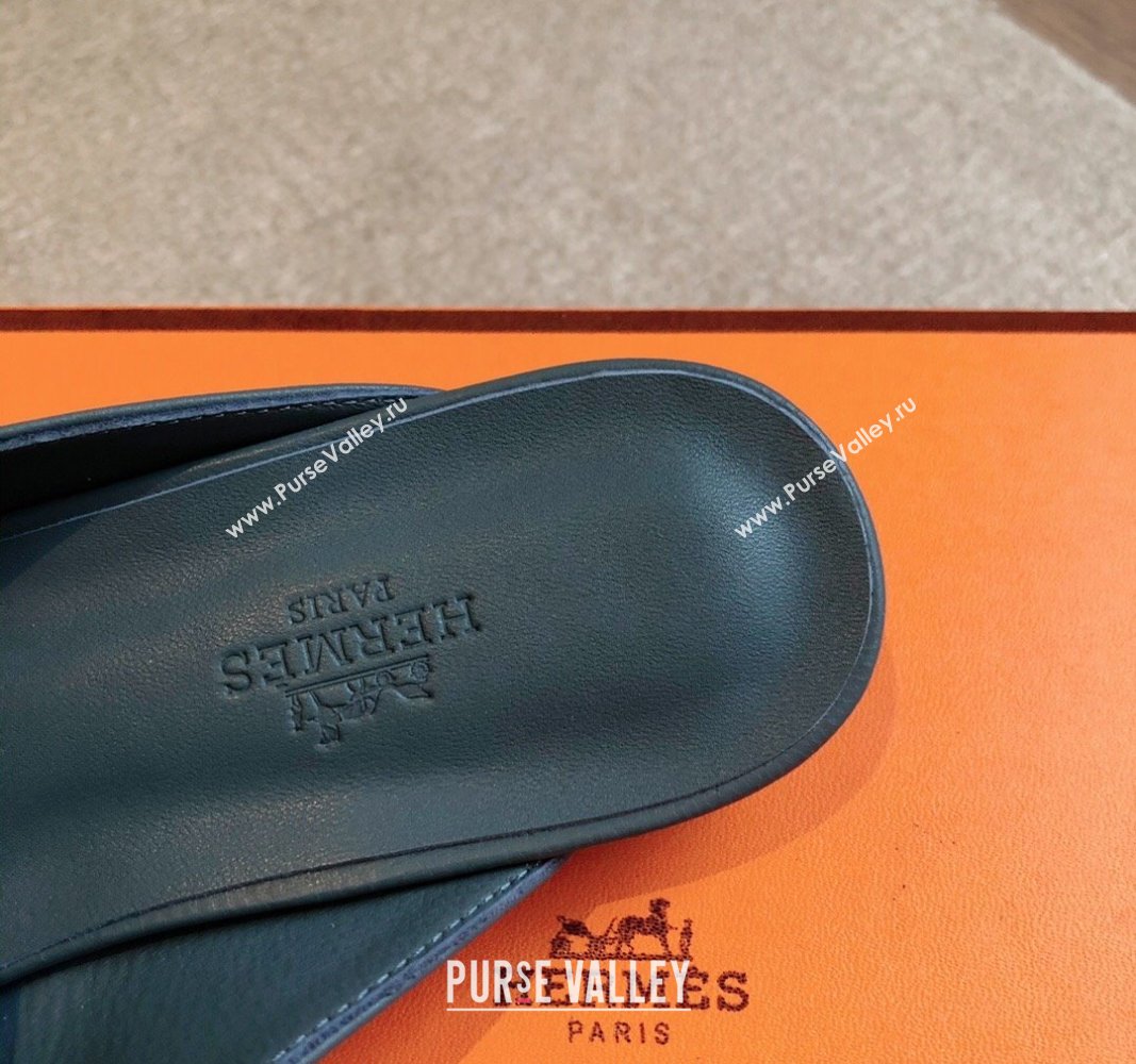 Hermes Oz Flat Mules in Calfskin Leather Dark Blue 2024 0815 (XC-240815050)