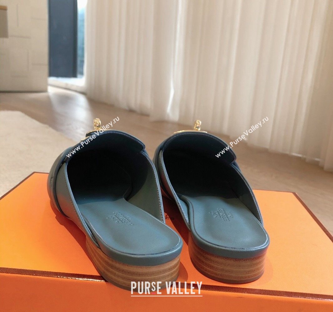 Hermes Oz Flat Mules in Calfskin Leather Dark Blue 2024 0815 (XC-240815050)