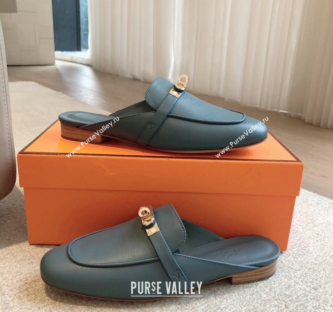 Hermes Oz Flat Mules in Calfskin Leather Dark Blue 2024 0815 (XC-240815050)