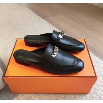 Hermes Oz Flat Mules in Calfskin Leather Black/Silver 2024 0815 (XC-240815051)