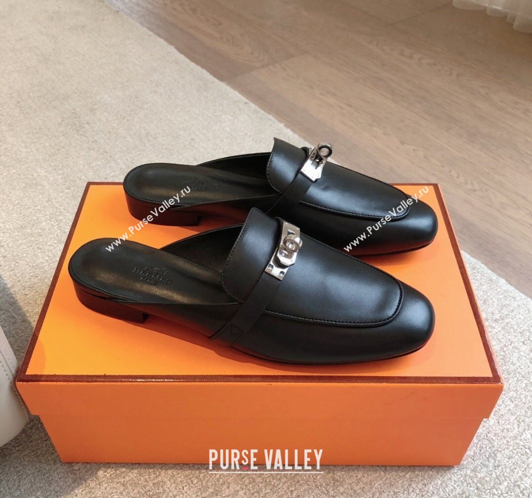 Hermes Oz Flat Mules in Calfskin Leather Black/Silver 2024 0815 (XC-240815051)