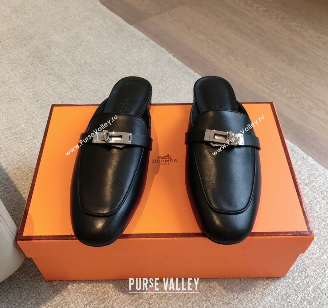 Hermes Oz Flat Mules in Calfskin Leather Black/Silver 2024 0815 (XC-240815051)