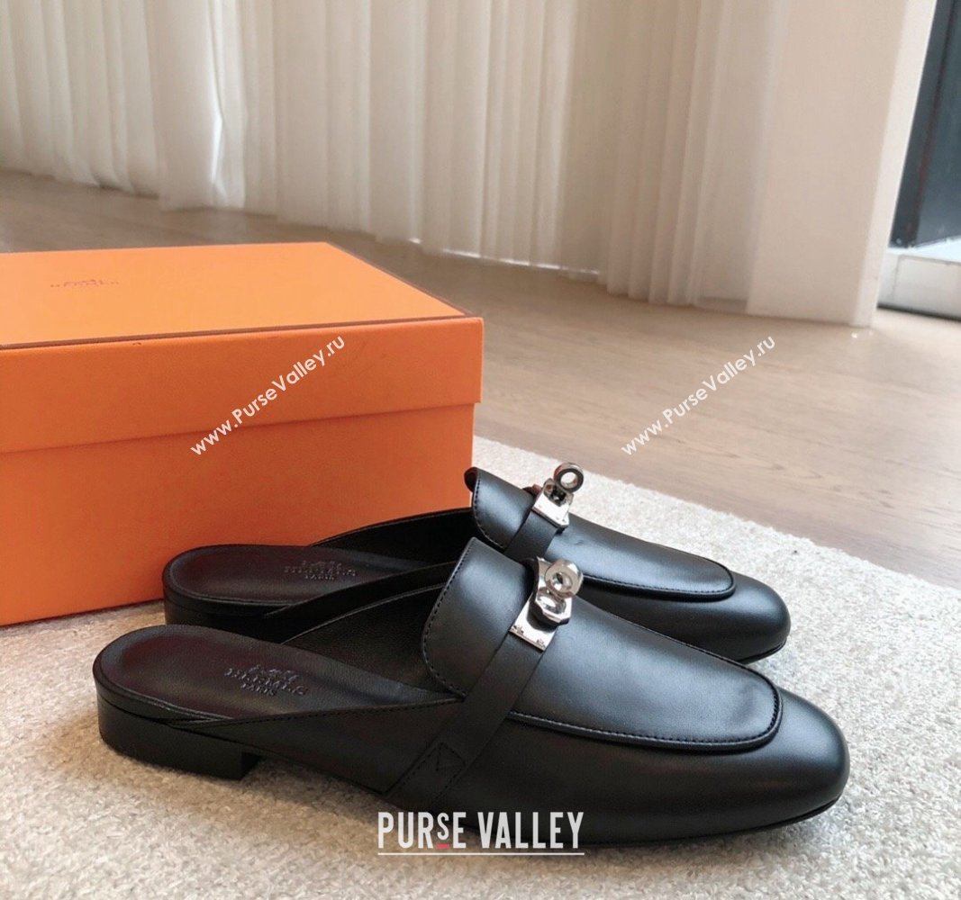 Hermes Oz Flat Mules in Calfskin Leather Black/Silver 2024 0815 (XC-240815051)