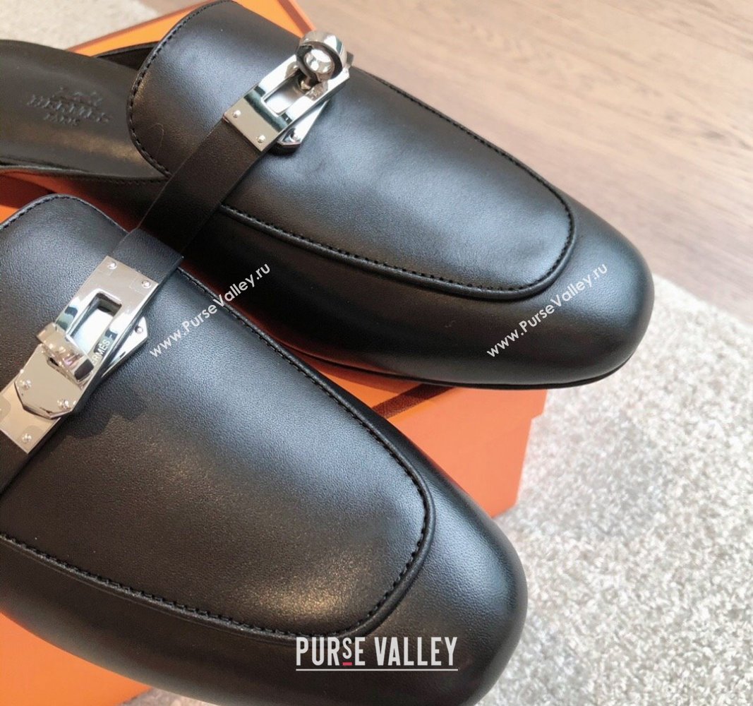 Hermes Oz Flat Mules in Calfskin Leather Black/Silver 2024 0815 (XC-240815051)