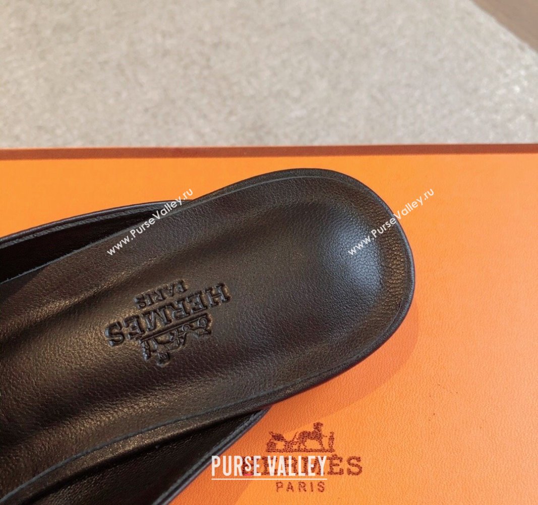 Hermes Oz Flat Mules in Calfskin Leather Black/Silver 2024 0815 (XC-240815051)