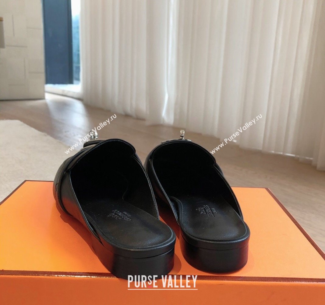 Hermes Oz Flat Mules in Calfskin Leather Black/Silver 2024 0815 (XC-240815051)