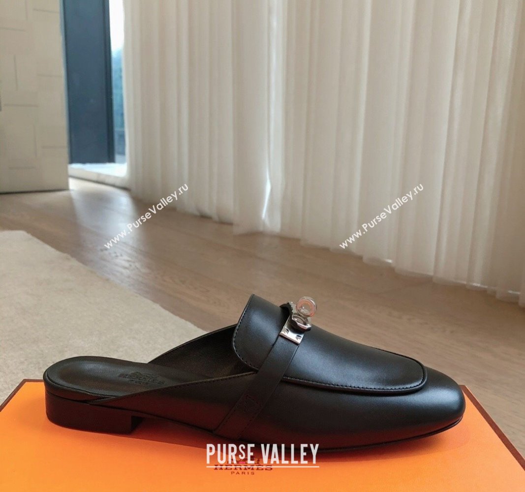 Hermes Oz Flat Mules in Calfskin Leather Black/Silver 2024 0815 (XC-240815051)